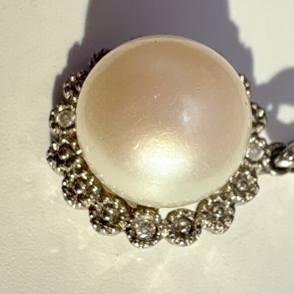 VTG Sterling Silver 925 Pearl & Diamond Halo Pendant Size 0.75" Length - Picture 4 of 8